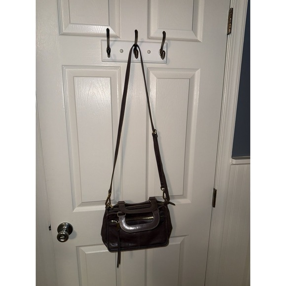 HOBO Purse Crossbody Bag Handbag Gray Leather Brushed Gold Top Handle Satchel - Picture 12 of 13